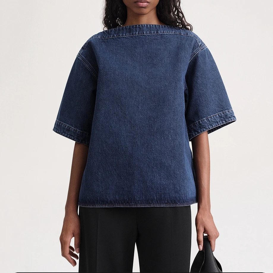 

Повседневная простая Свободная джинсовая футболка с коротким рукавом и воротником-стойкой, темно-синяя хлопковая прямая джинсовая рубашка, женский летний топ, новинка 2023