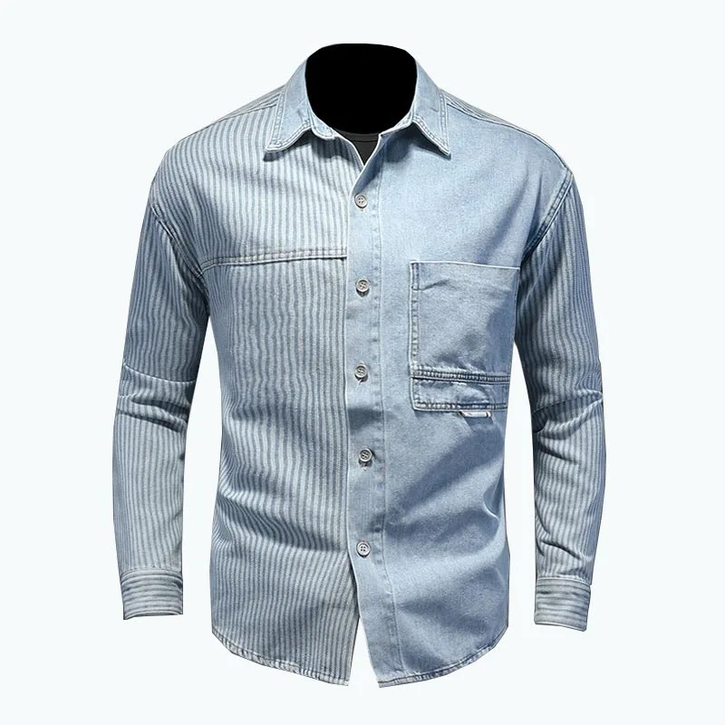 Mcikkny Men Vintage Striped Denim Shirt Long Sleeves Front Pockets Jeans Tops For Male Patchwork