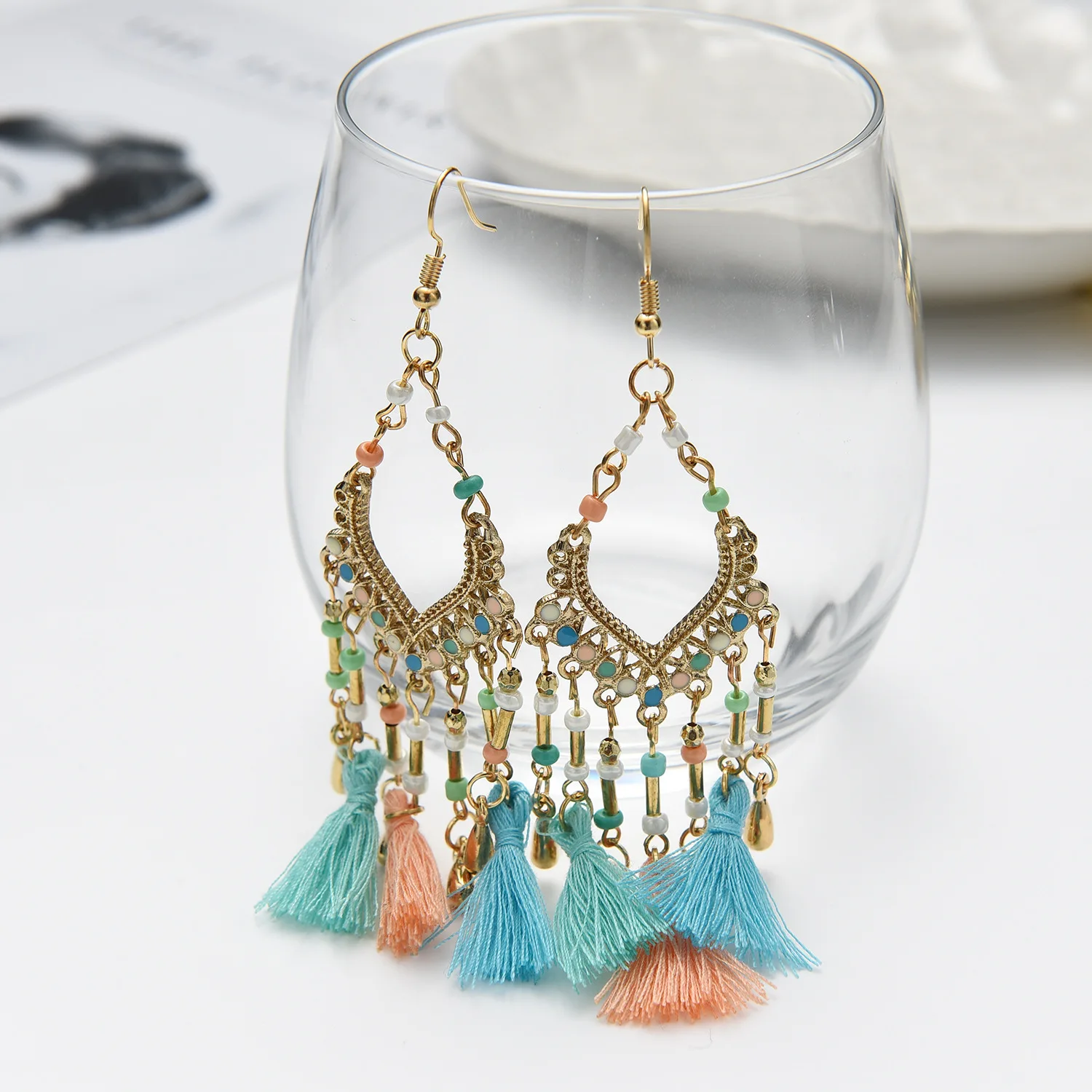 

New Long Beads Tassel Dangle Earrings For Women Accessories Hollow Geometric Bohemia Jewelry Ear Decoration Girl Wedding Holiday