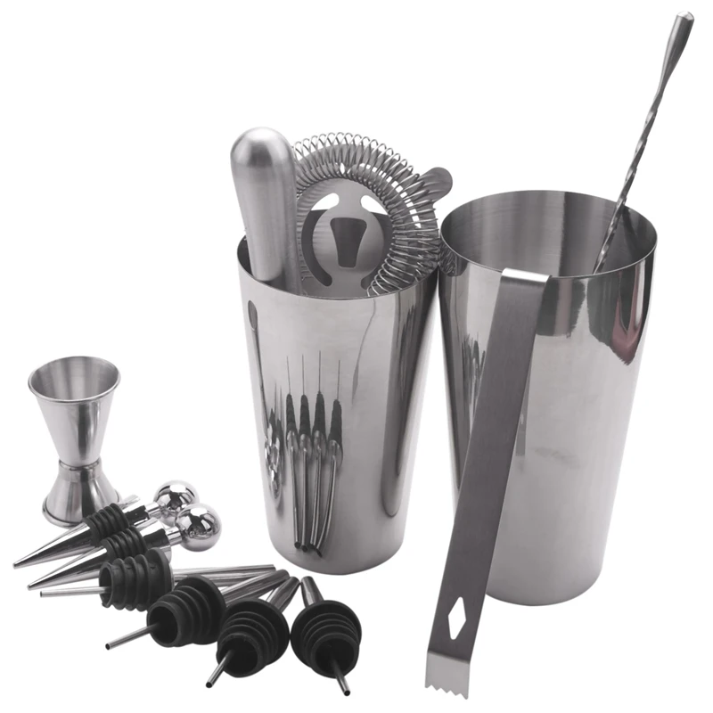 

Stainless Steel Boston Cocktail Shaker Bar Set Tools With 28Oz/20Oz Shaker Tins, Measuring Jigger, Mixing Spoon, Liquor Pourers,