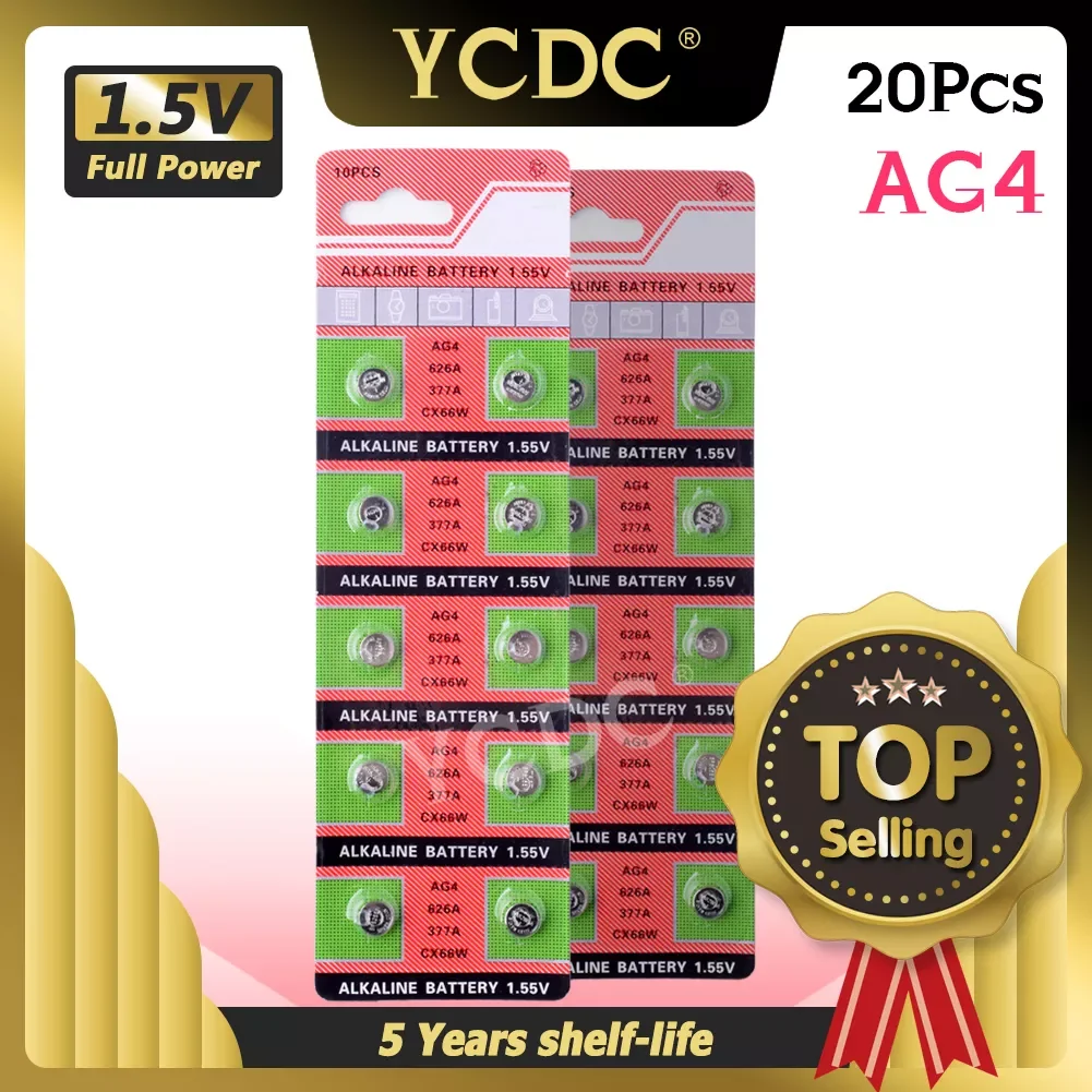 

YCDC Button Battery 20pcs Ag4 Alkaline Coin Cell AG4 Battery 177 376 377 565 377A D377 G4 GA4 LR626 LR66 SR626 SR626SW