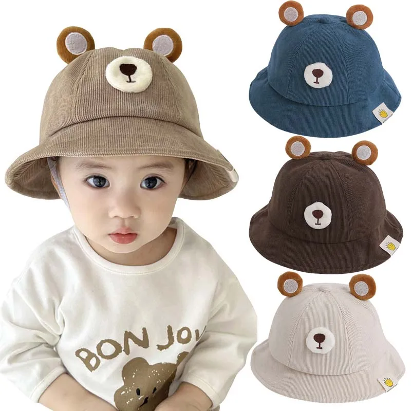 

2023 Autumn Winter Baby Hat Cartoon Bear Corduroy Panama Hats for Boys Girls Fisherman Cap Cute Kids Accessories 2-4 Years Old