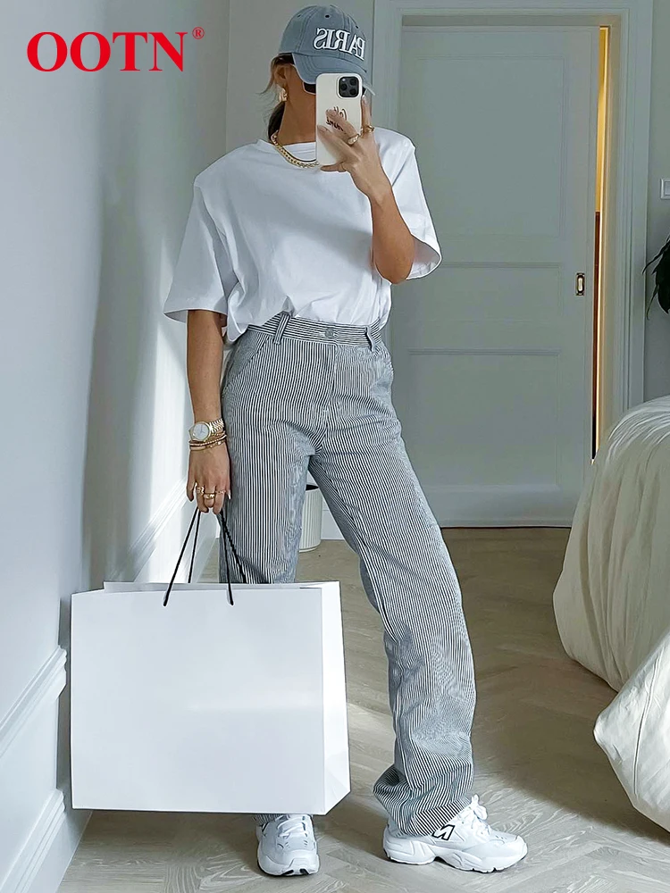 

OOTN Streetwear Chic Pockets Striped Pants Women Autumn Casual Patchwork Pants 2022 Wide Leg Pants Button Vintage Loose Trousers