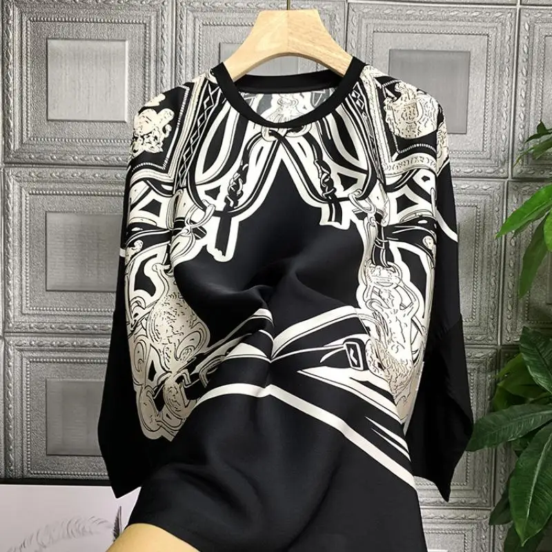 

Spring Summer Designer Bat Sleeve Shirt Oversize Black White Print Vintage Fashion Women Blouse Holiday Casual Plus Size Top