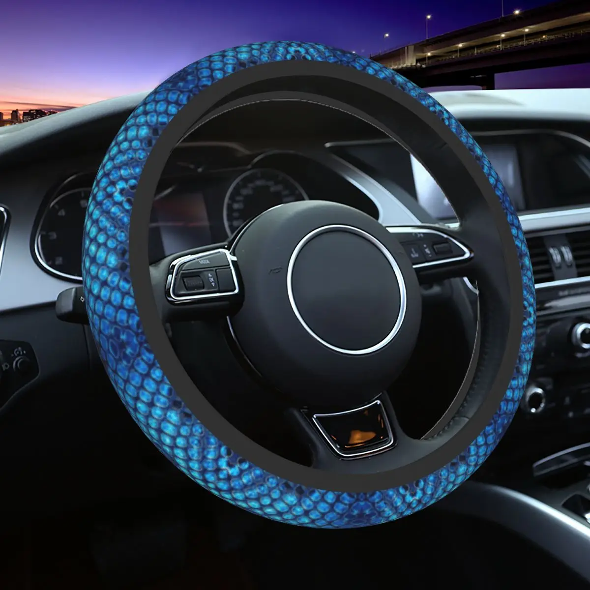 

Blue Snake Skin Car Steering Wheel Cover 38cm Universal Steering Wheel Protective Cover Auto Decoration Interior Accessories
