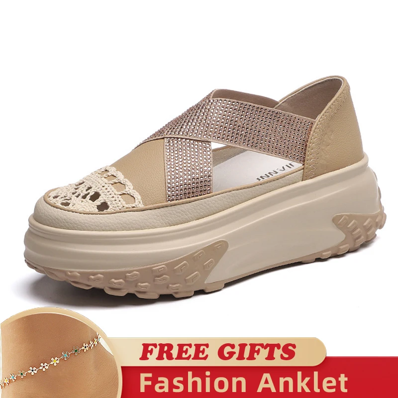 

Air Mesh Genuine Leather Rhinestone Design Comfy Sandals Breathable Shoes Chunky Sneakers Spring Summer Platform Wedge Shoes