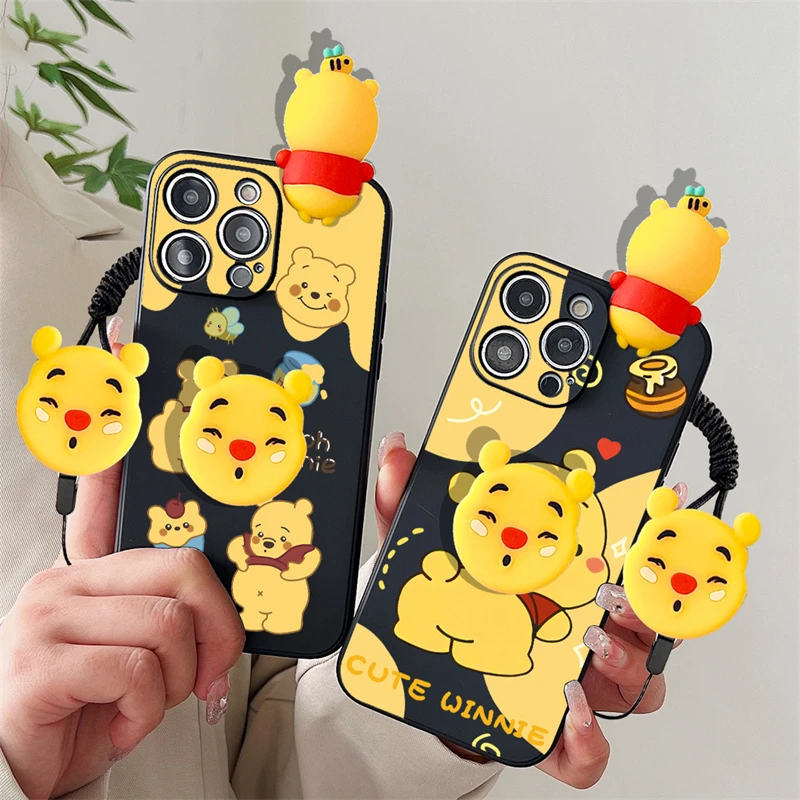 3D Winnie The Pooh Cartoon Phone Case For iPhone 16 15 Plus 14 13 12 11 Pro Max Mini Holder With Lanyard Cover Fundas