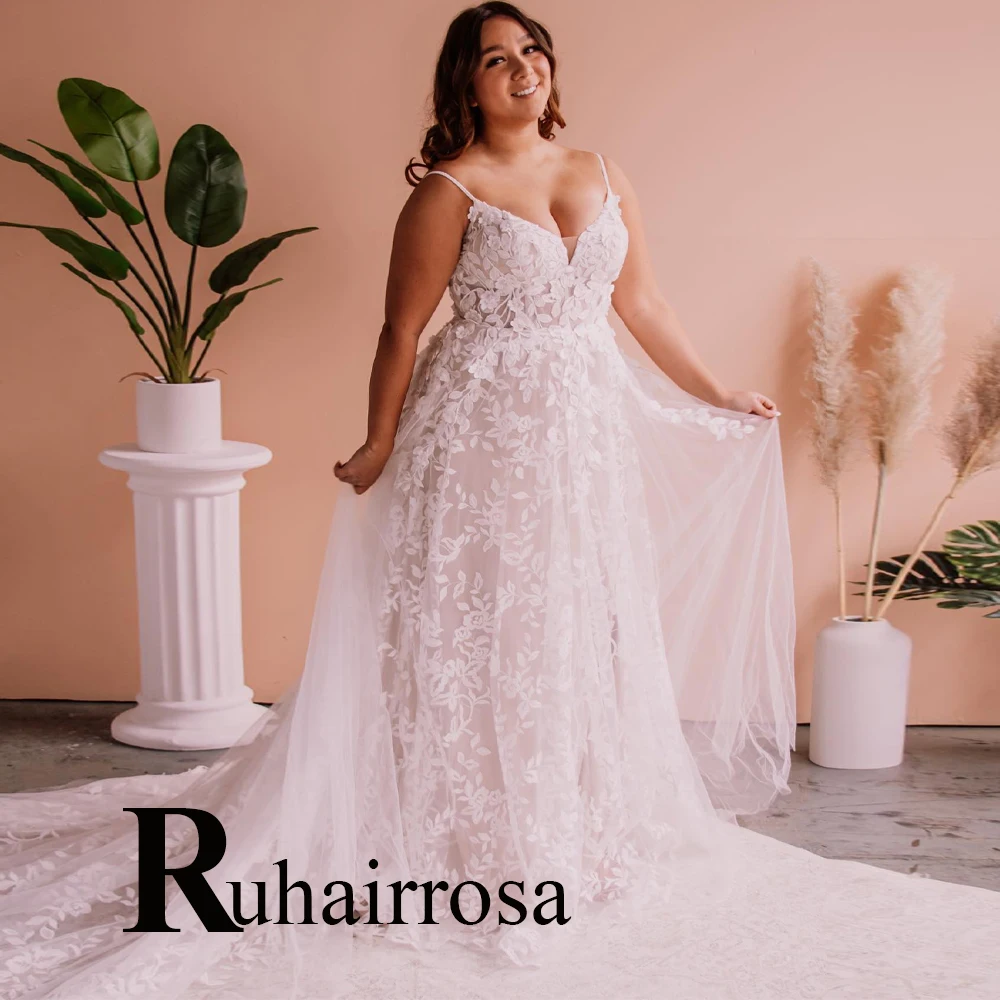 

Ruhair Chic V-Neck Wedding Dresses For Mariages Appliques Formal Brides Gown Tulle A-Line Backless Custom Made Robe De Mariée