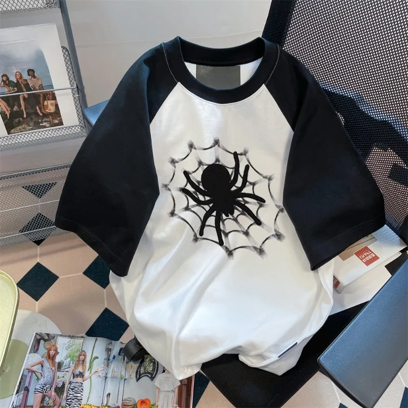 

Свободные футболки Hikigawa контрастных цветов, повседневные Модные топы с круглым вырезом в стиле Харадзюку, женские футболки с коротким рукавом и принтом паука, женская одежда