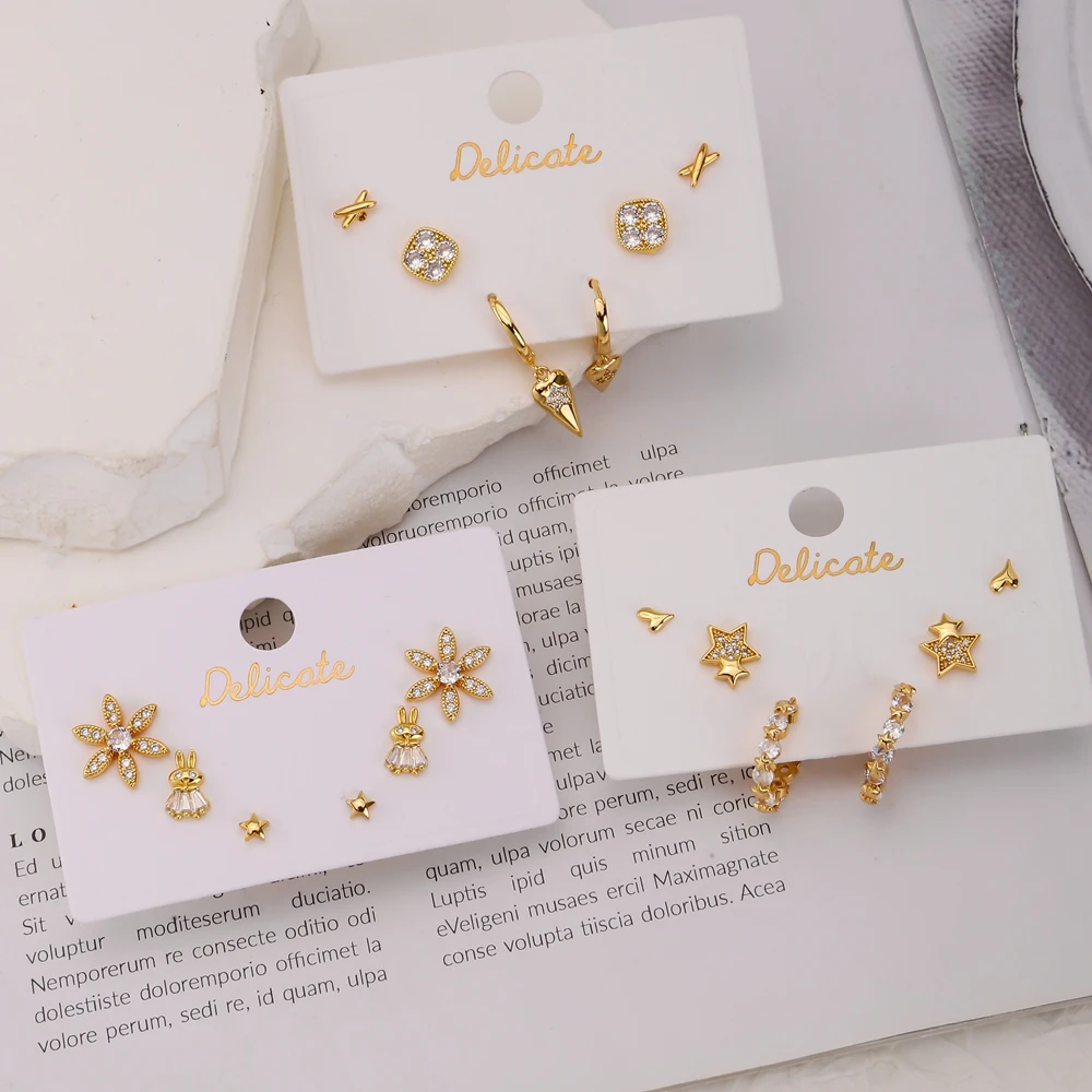 3 пары/комплект женские серьги-гвоздики с фианитами