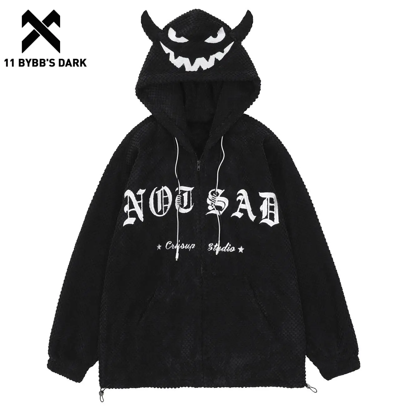 11 BYBB'S DARK Autumn Warm Fleece Hoodies Sweatshirts Devil Head Zip Up Hoodie Loose Casual Mens Streetwear High Street Hoodies