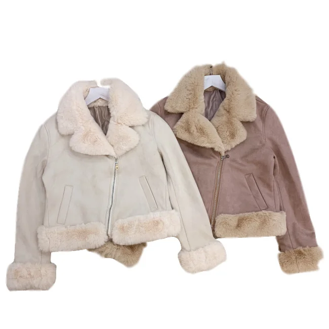 

Autumn and Winter New Japanese Sweet Fashion Motorcycle Suede Integrated Fur Collar Thick Short Coat Cotton-Padded Coat for