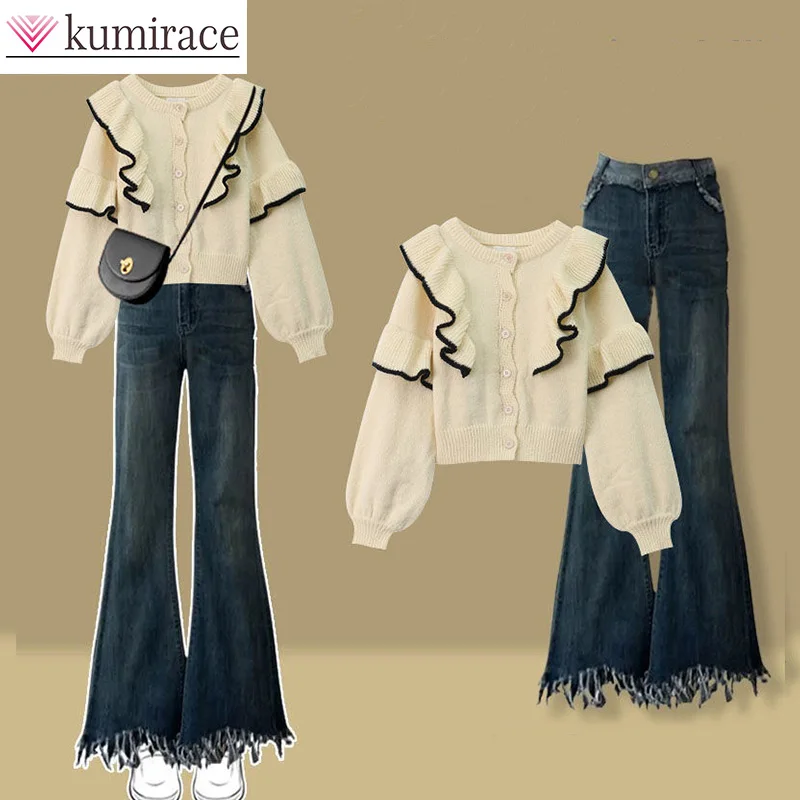 

Autumn Wear Women's 2023 New Korean Ruffle Sweater/Sweater Jeans Two Piece Set Winter Clothes Women Fall Two Piece Outfits Pants