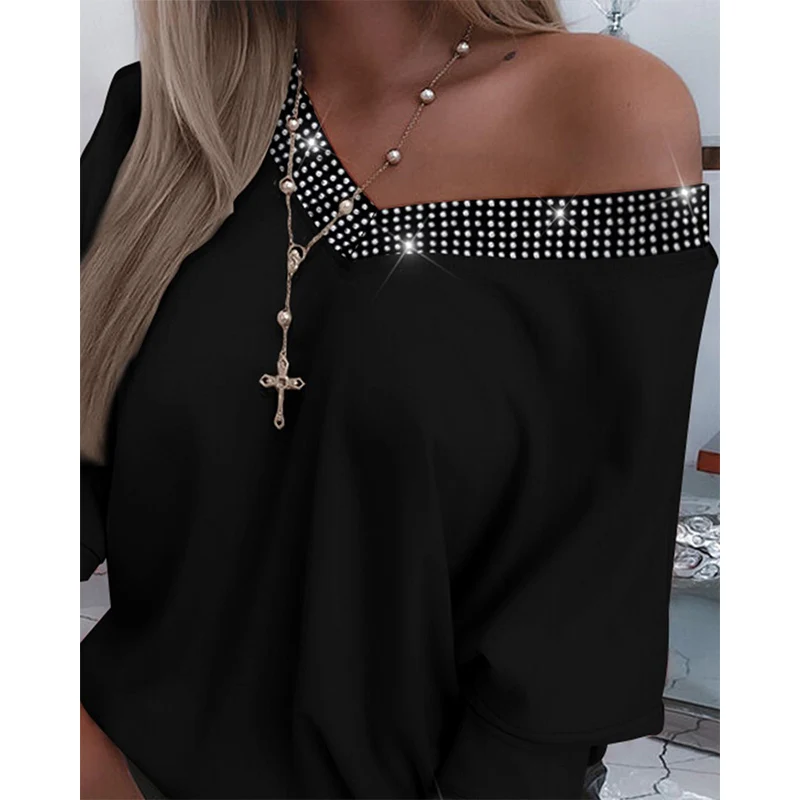 Женская Повседневная футболка Стразы с V-образным вырезом и длинным рукавом