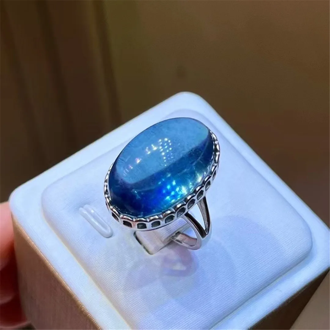 

Natural Blue Aquamarine Ring Jewelry For Woman Man Luck Gift Stone Reiki Crystal 23x16mm Beads 925 Silver Adjustable Size AAAAA