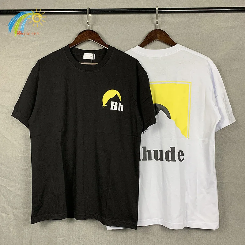 

Yellow Logo Vintage Moonlight Madness Rhude T-Shirt Men Women 1:1 Casual Oversized RHUDE Tee Couple Lovers Short Sleeve