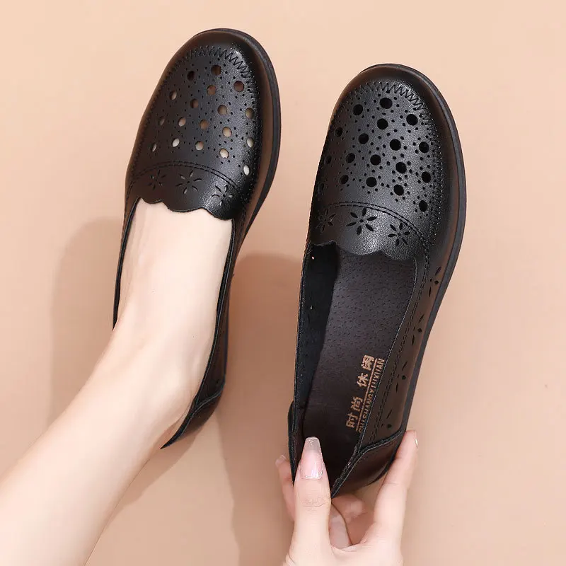 Women Loafers Fashion Summer Casual Shoes Leather Slip-on Ballet Flats Woman Luxury Hollow Out Breathable Women's Moccasins