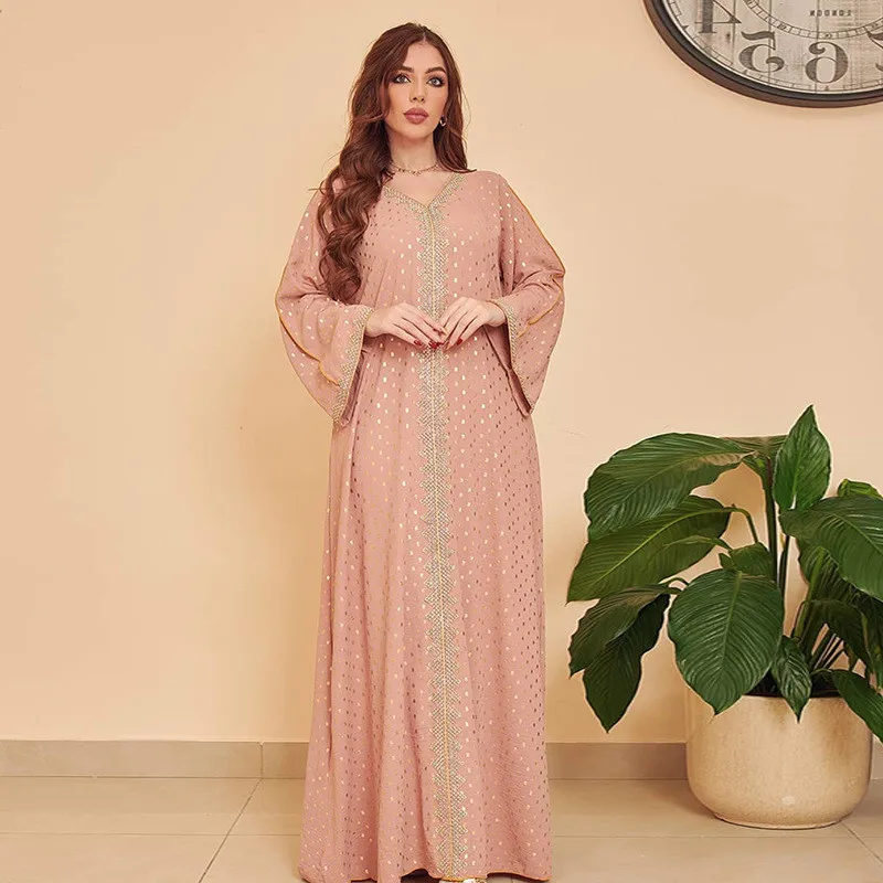 Abaya Women 2023 Summer New Bronzing Muslim Dubai Robe Elegant V Neck Maxi Long Dress Prom Arab Islamic Moroccan Kaftan Eid