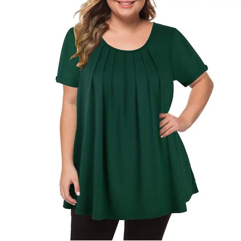 

Женские Однотонные блузки 2022, модные летние блузки со складками и круглым вырезом, асимметричные топы с коротким рукавом