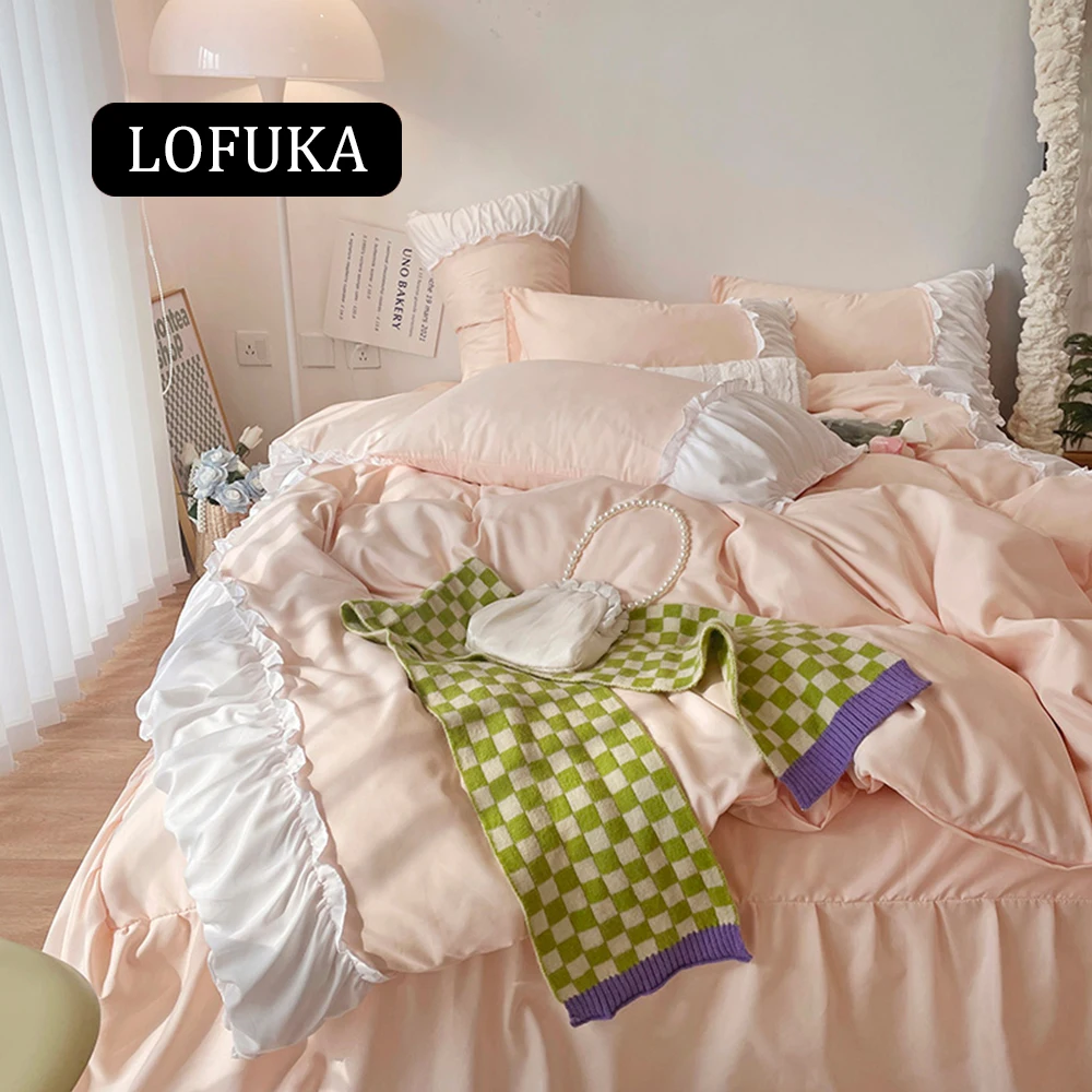 

Lofuka Women Korean Lovely Princess Ruffles Twin Queen Duvet Cover Set Flowers With Ruffles Bedding Set Quilt Cover Pillowcase