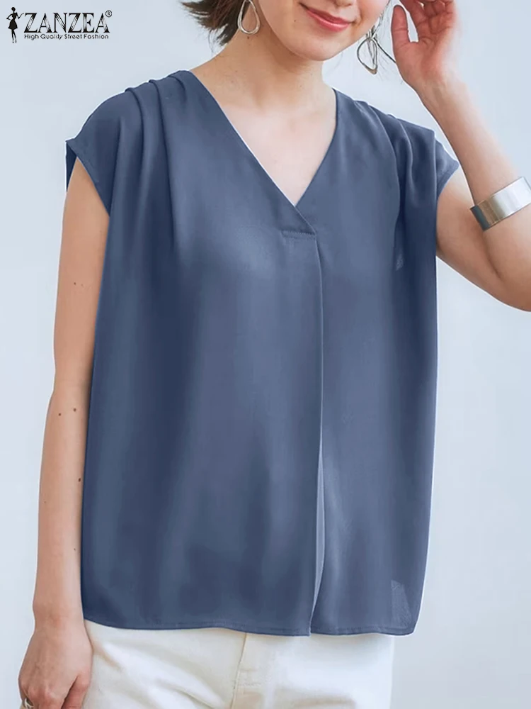 

Модная блузка ZANZEA с V-образным вырезом, летняя Однотонная рубашка с коротким рукавом, женская элегантная пляжная туника, Женские повседневные офисные рубашки