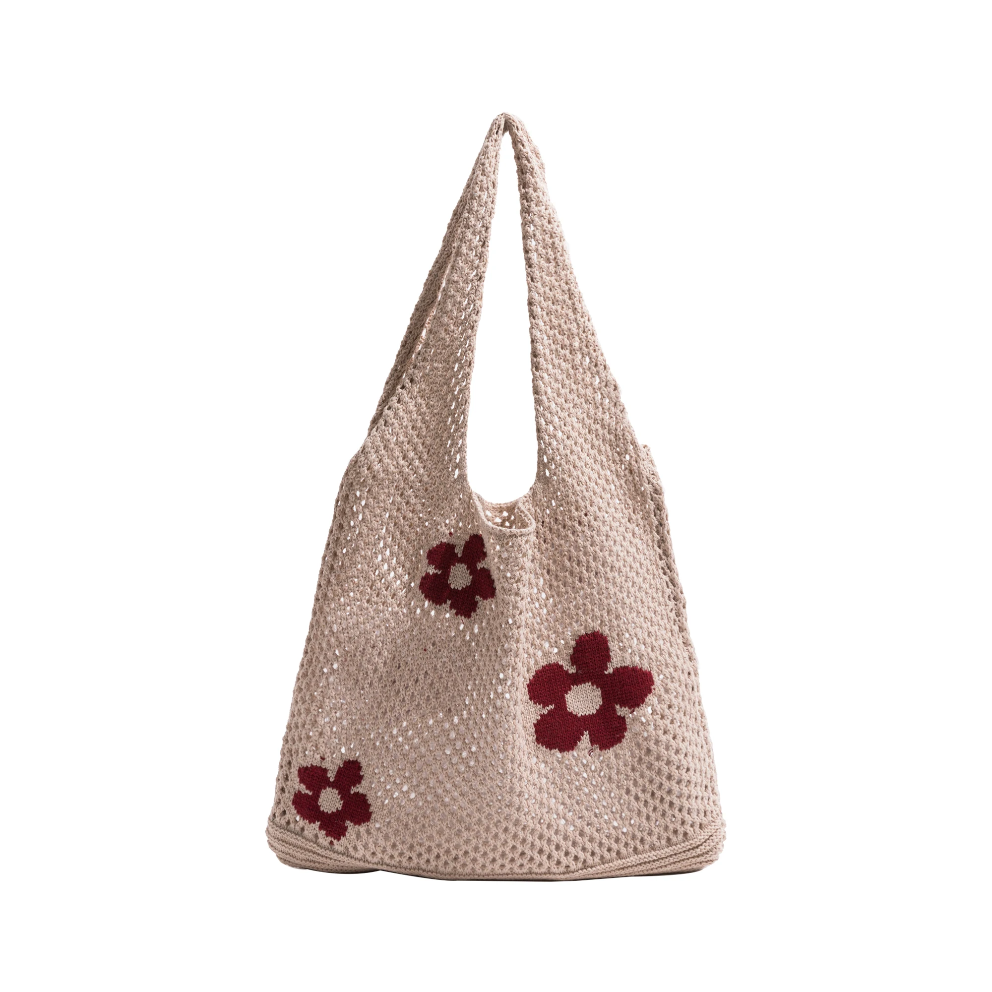 KOKOPEAS Knitting Printing Soft Shoulder Bag Hollow out Shopping Tote Bag Cute Young Girl Handbag Large Capacity Bag For Women