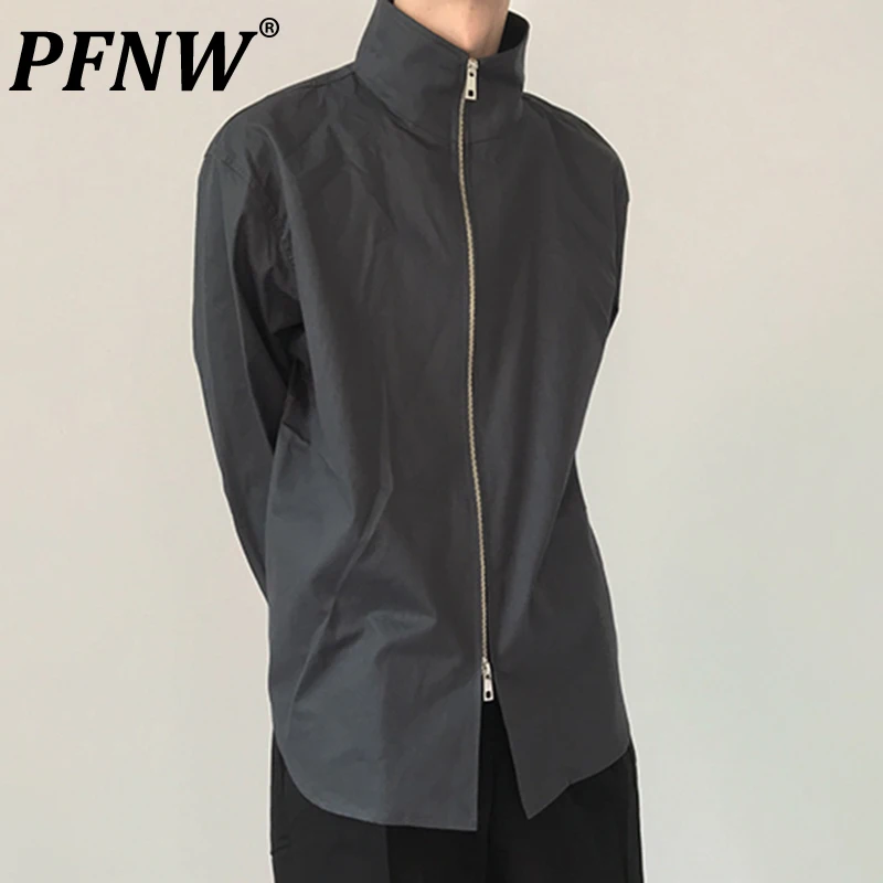 

PFNW Spring Summer Men's Fashion Darkwear Solid Color Shirts Chic Stand Collar Zippers Niche Design Cotton Outdoot Tops 12A8444
