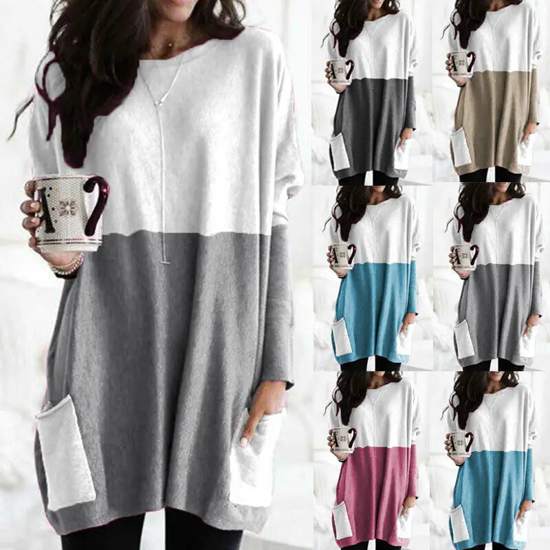 

2022 New Round Neck Woman Tshirts Long Sleeve Stitching Casual Pocket T-shirt Top Women's Clothing Streetwear Women Top T Shirt