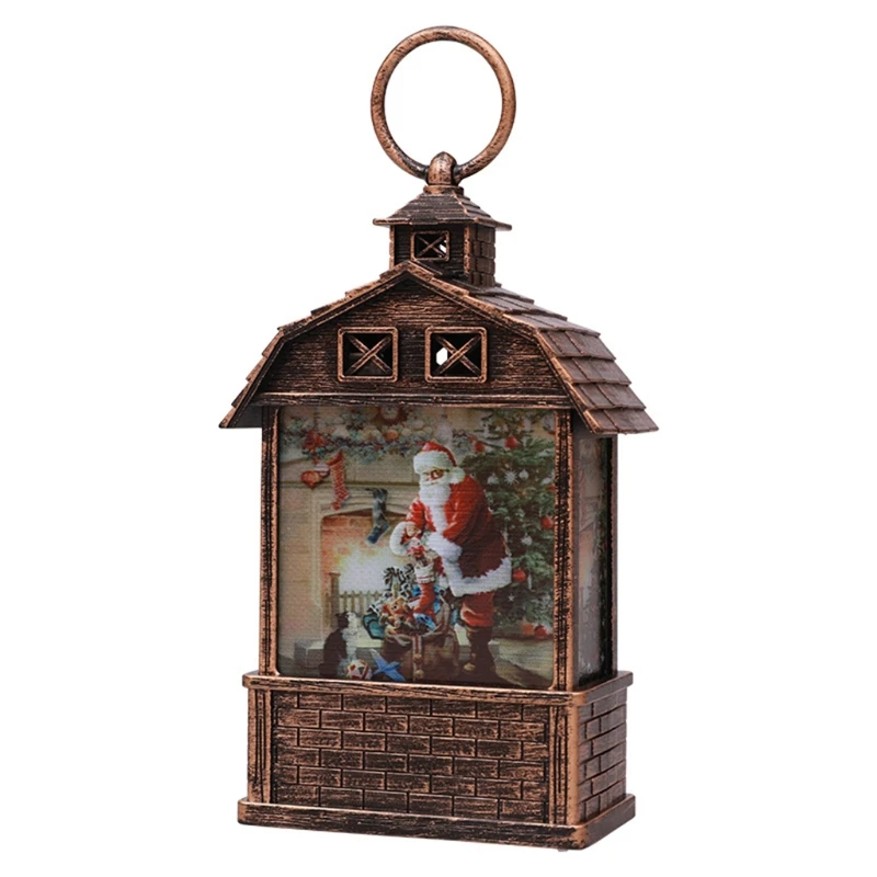 

X37E Christmas Granary House Shaped Portable LED Hanging Lantern Santa Elk Snowman Nativity Pattern Antique Candle Light Oil