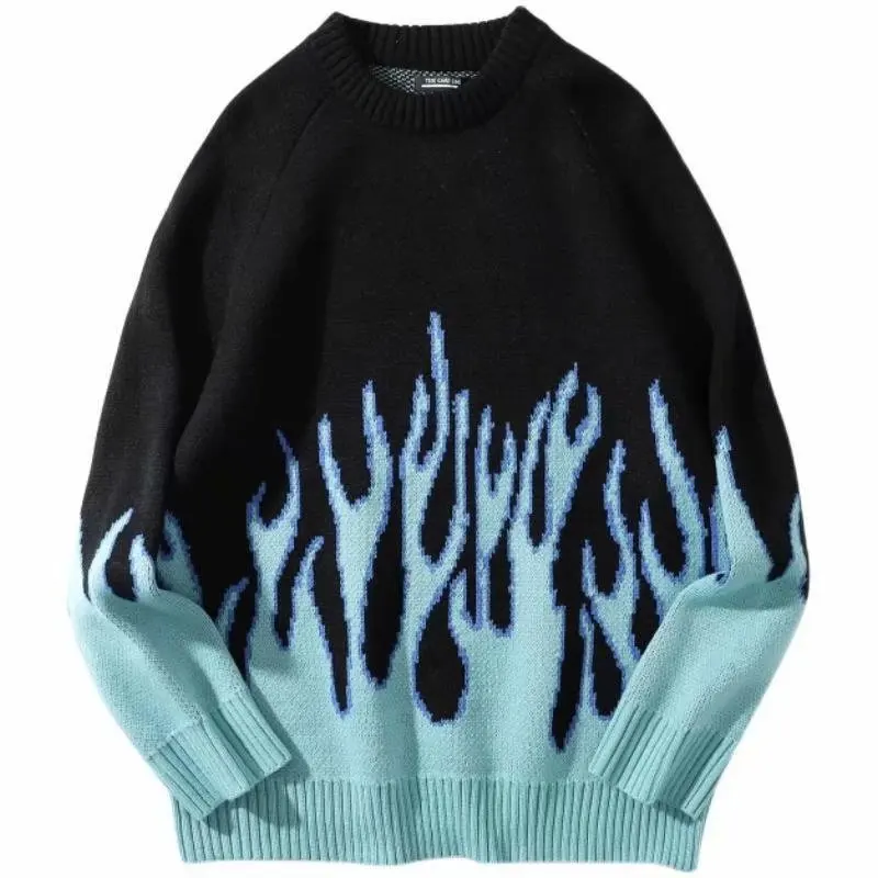 Hip Hop Mens Streetwear Harajuku Knitted Sweater Blue Fire Flame 2022 Autumn Sweater Pullover Loose HipHop Retro Vintage