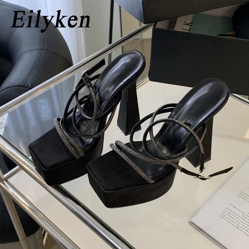 

Eilyken Extreme Square Heel Sandals Fashion Peep Toe CRYSTAL Ankle Buckle Strap Platform Women Stripper Party Shoes