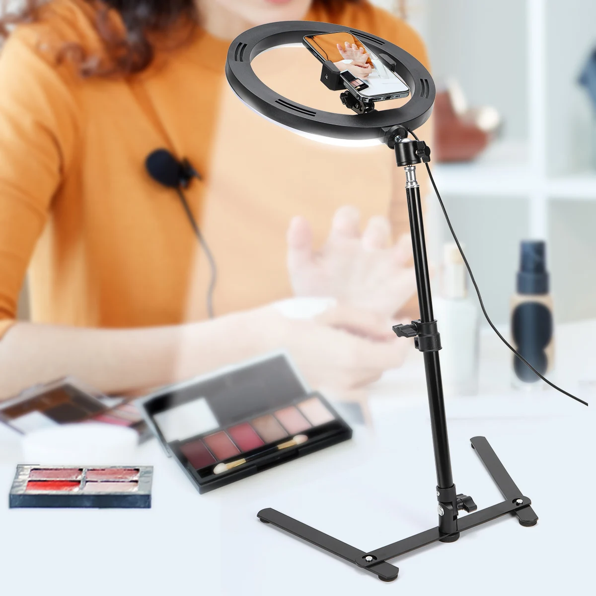 

Стойка FP10 с двумя ножками и тремя оттенками, светодиодный кольцевой светильник 25 см, настольная подставка для студий, Настольная консольная лампа