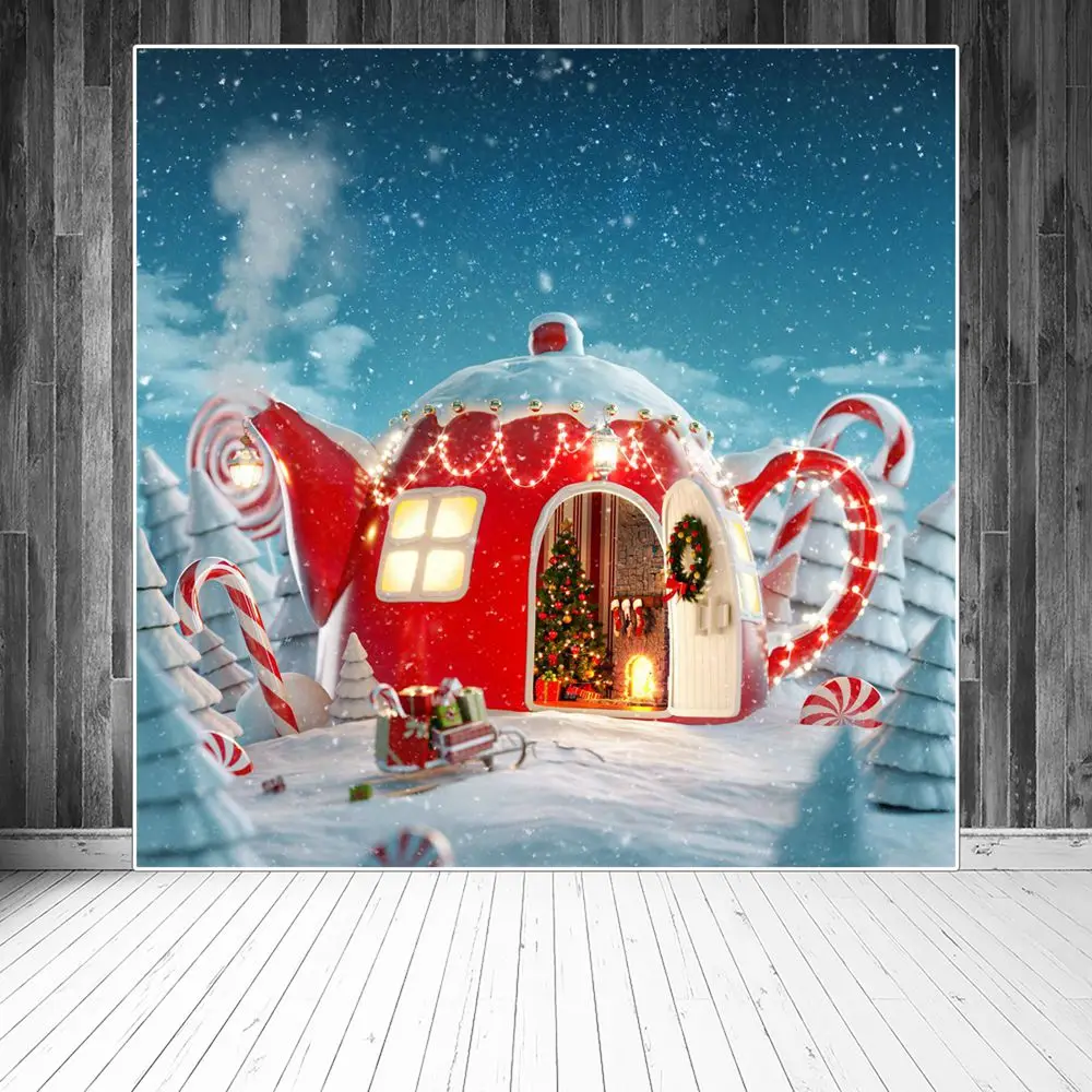 

Christmas Red Teapot Candyland Photography Backdrop Kids Lighting Fireplace Stove Snow Tree Sleigh Crutch Gifts Photo Background