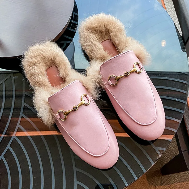 2023 Internet Red Rabbit Hair Baotou Half Tuo Lazy Man Flat Bottom Plush Shoes Plush Slippers~Female Outsiders Wear Muller Shoes