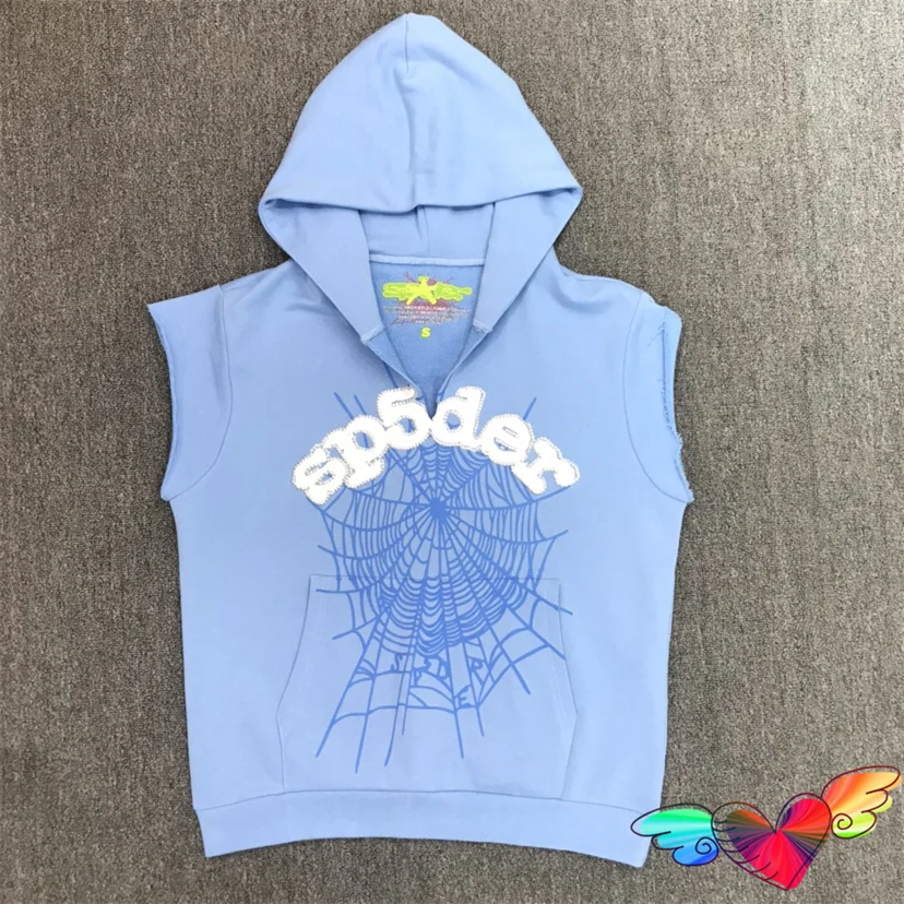 

Sky Blue Sleeveless Sp5der Hoodie Men Women Foam Print Young Thug Spider Hoodie Hip Hop 555555 Pullovers 2023 Web Sweatshirts