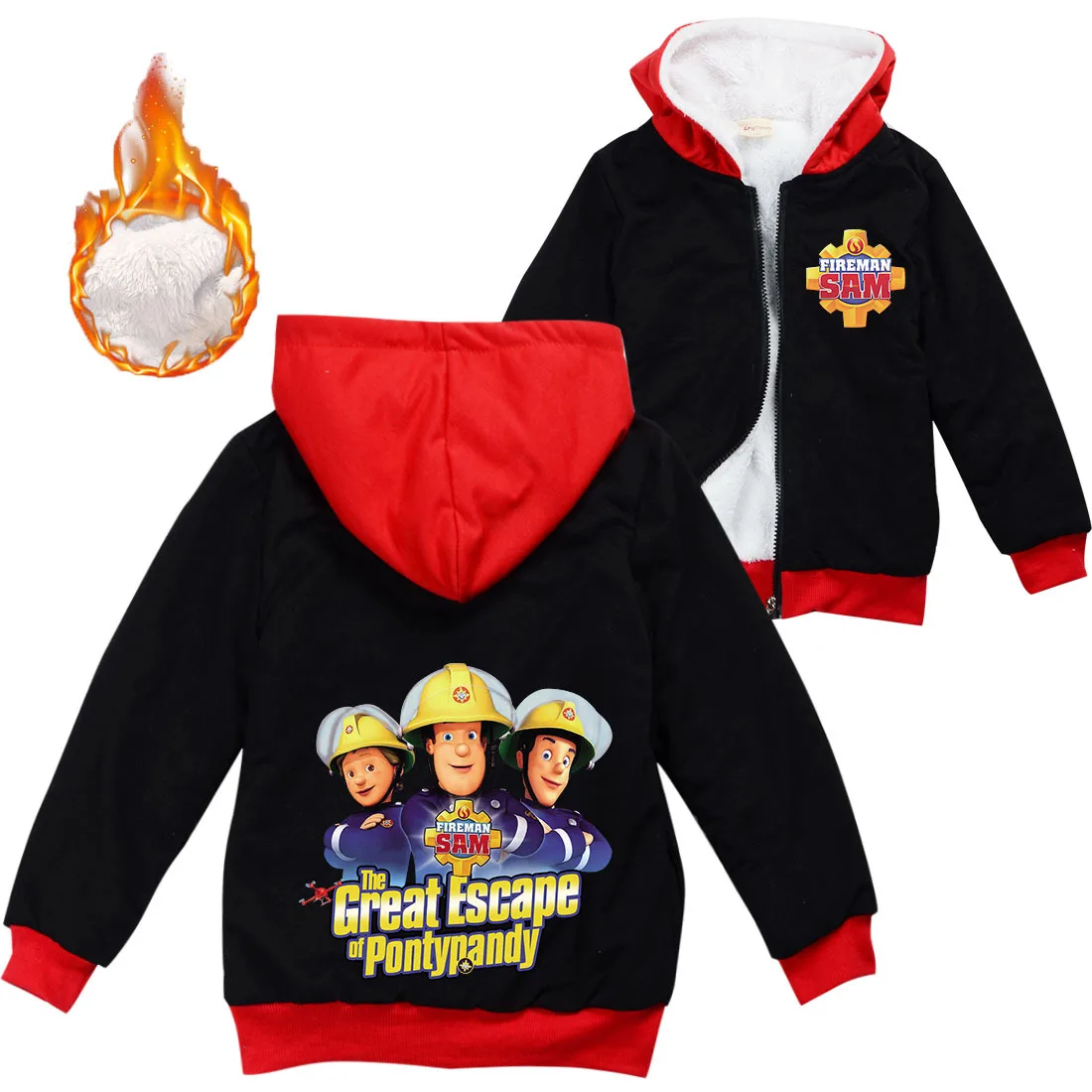 

2022 Winter Fireman Sam Clothes Kids Keep Warm Thick Velvet Fleece Hoody Jacket Teenager Boys Outwear Baby Girls Zipper Jackets