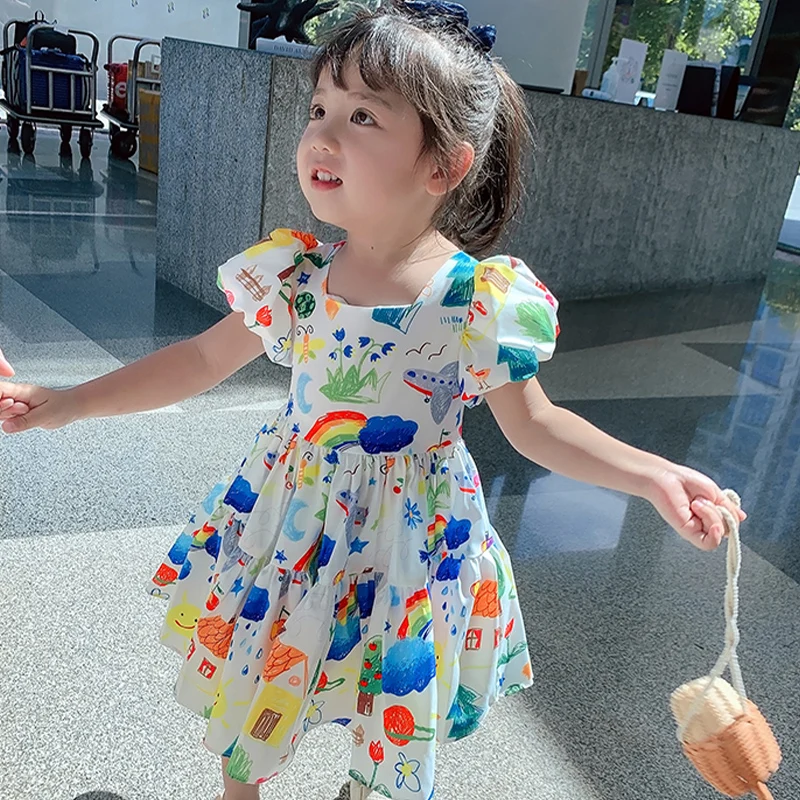 

2022 New Summer Cartoon Print Dress For Girls Puff Sleeve Casual Style Dresses For Children Kids Cotton Princess Dress For Girl