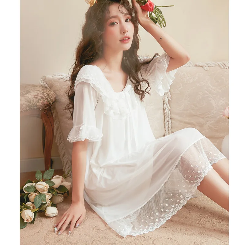 

Lace Nightgown Women Modal Mesh Sleepshirt Short Sleeve Nightdress Summer Palace Princess Style Women Spring Home Dressing Gowns
