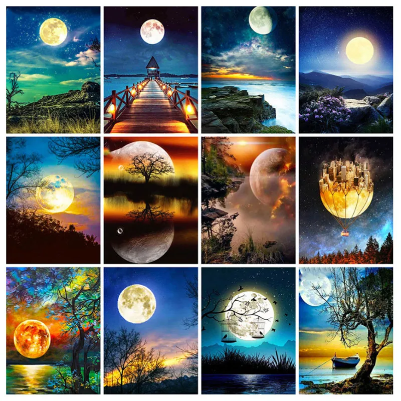 

Yumeart Full Square Diamond Painting Moon Tree Diamond Embroidery Scenery Mosaic Needlework Rhinestone Picture Art Wall Decor