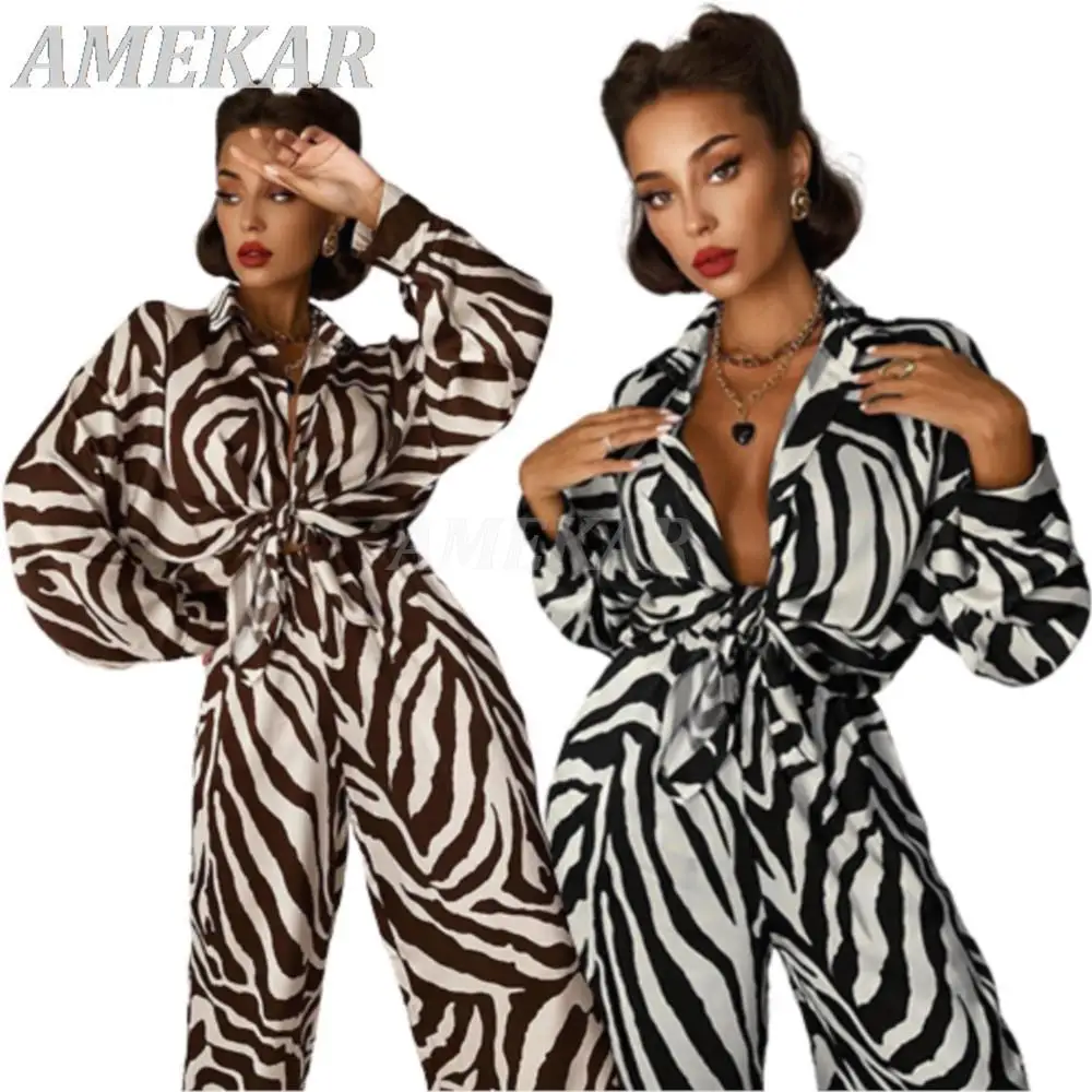 

Women's Fashoin Stripes Pants Set Spring New Loose Long Sleeve Blouse Matching Wide Trousers Suit Lady Elegant 2 Piece Pant Set