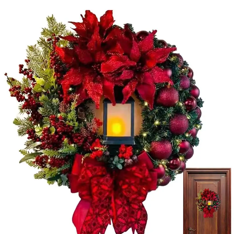 

Рождественский венок с фонариком, беспроводный семейный венок с искусственным цветком, сезонное украшение, Рождественское украшение для входной двери