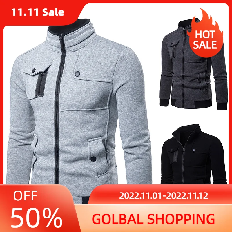 

LUCLESAM Men's Stand Collar Sweatshirts Jacket Stitching Multi-pocket Cardigan Sweatshirt Autumn and Winter Slim Casual Jackets