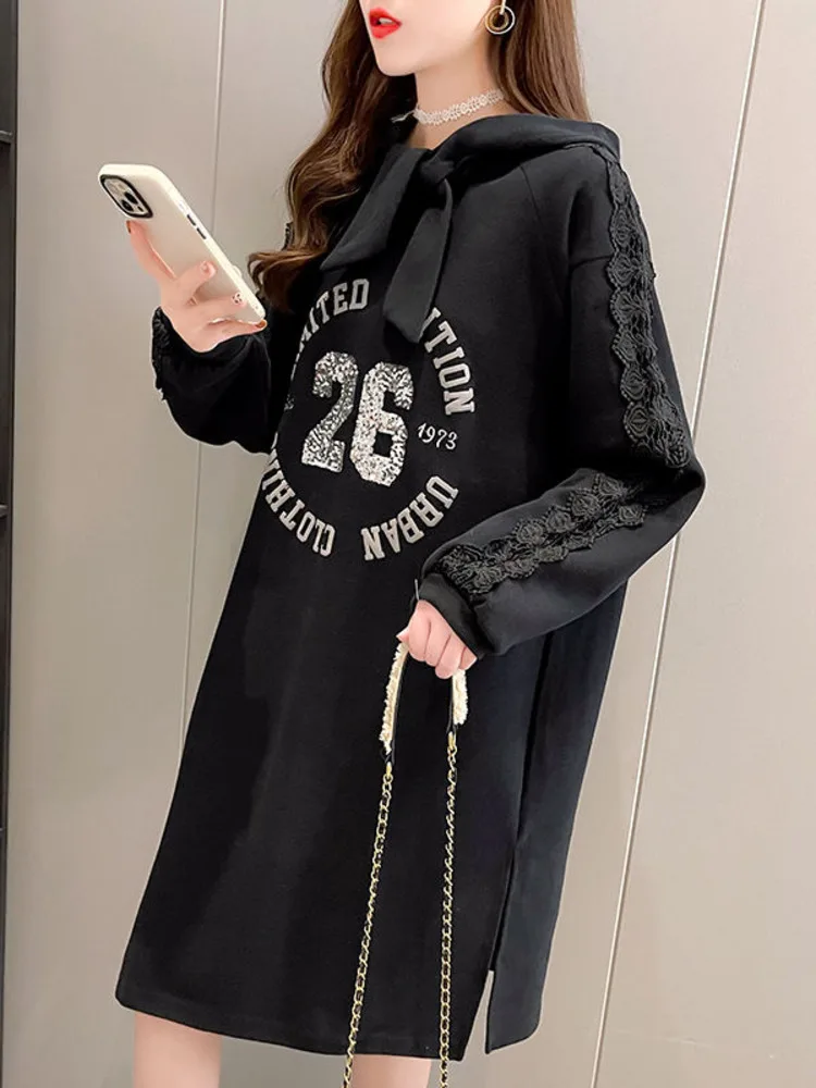 Spring Hoodie Women Cotton Lace Stitching Long Sleeves Knee Length Pullover Dress Korean Letter Print Fashion Casual Ladies Top |