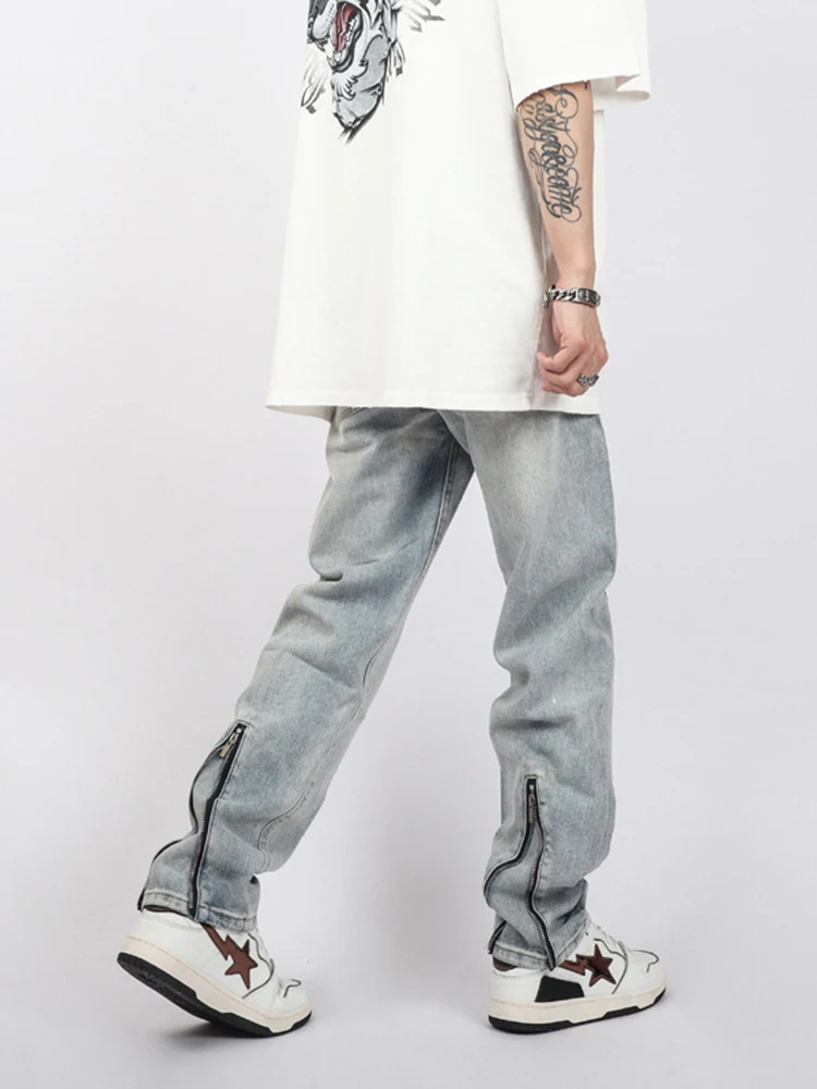 Baggy Men's Jeans with Zipper Design and Ripped Details, Y2K Casual Loose Denim Pants, High Street Fashion Ins Style JEANS