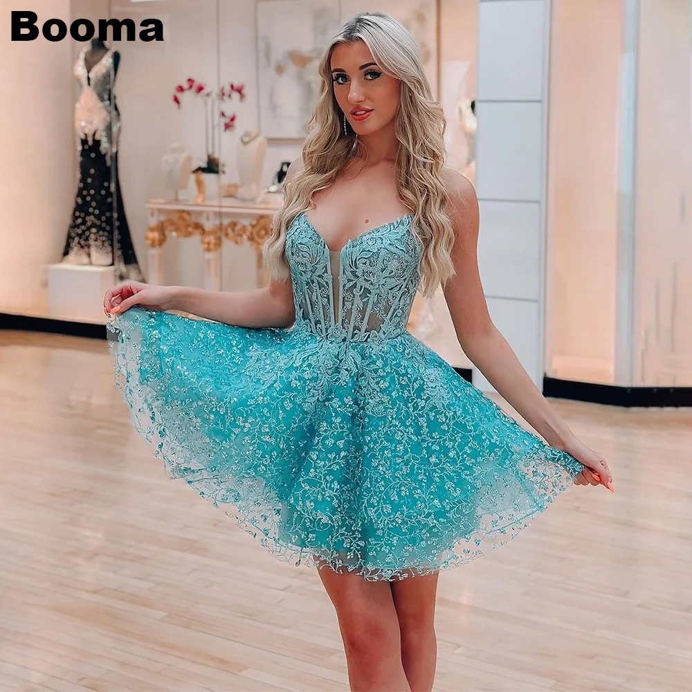 

Booma Blue Mini Prom Dresses V Neck Spaghetti Strap Tulle Cocktail Dresses Sleeveless A-Line Evening Party Gowns for Women