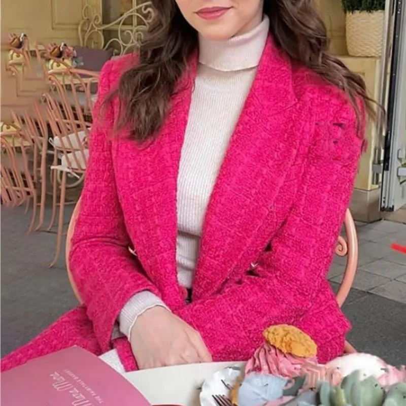 Tweed Rose Red Blazer Women Fashion Double Breasted Green Coats Vintage Long Sleeve V Neck Pockets Female Outerwear Chic Suits