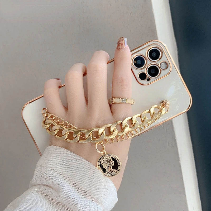 

Fashion Gold Plated Metal Bracelet Wrist Chain Case for IPhone 13 Pro Max 12 11 X XS Max XR 7 8 Plus SE 2020 Shockproof Cover