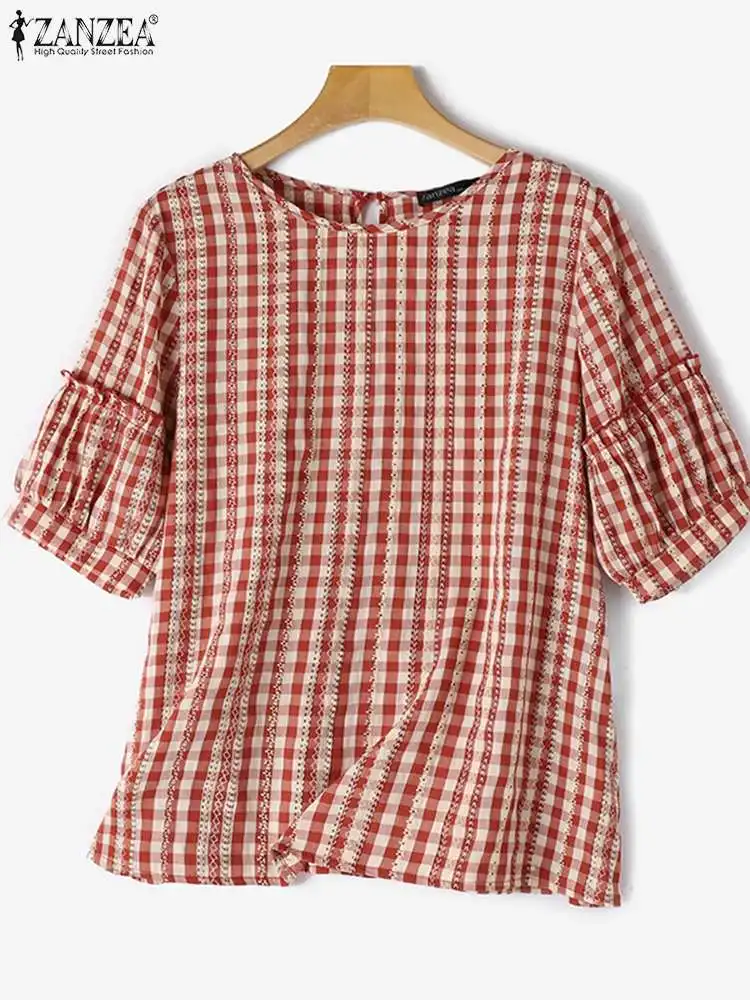 Летняя Блузка ZANZEA женские элегантные топы в клетку с рукавами-фонариками