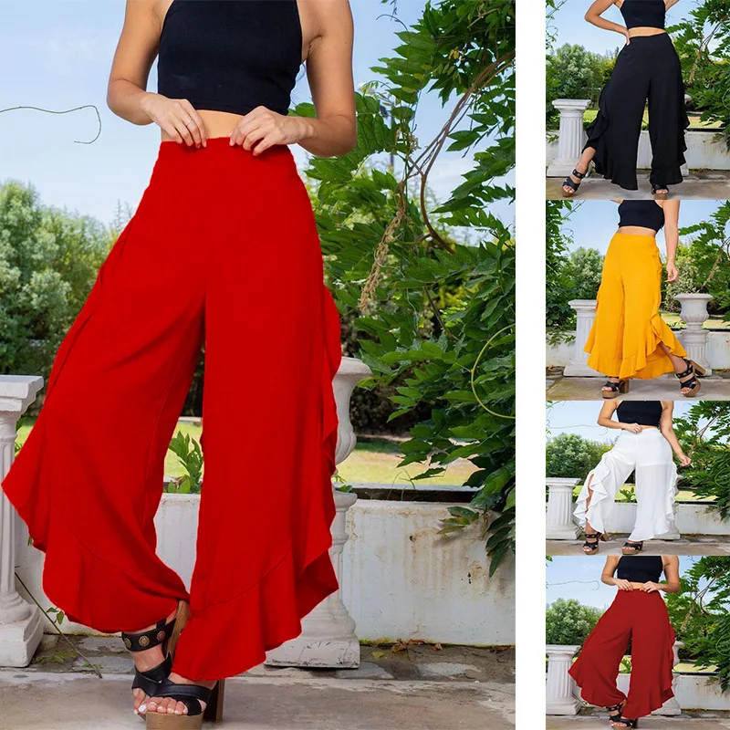 

Elegant Layered Ruffle Pants Women Bohemian Fashion Solid Color Wide Leg Long Trousers Casual Loose Vacation Pantalones