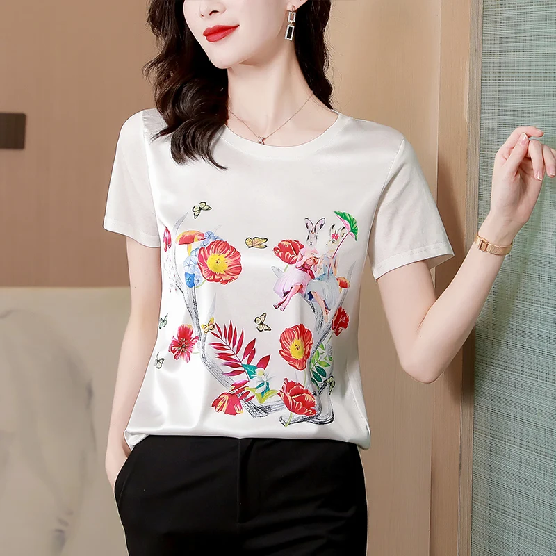 

Nylon Cotton Women's T-shirt Summer Loose Top Floral Print Short Sleeve Casual Fashion O-neck Tees Movafag